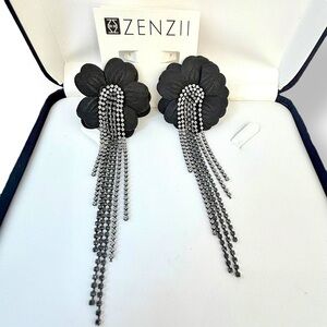 Zenzii Handmade flower stud earrings black and silver tone long accents NWT